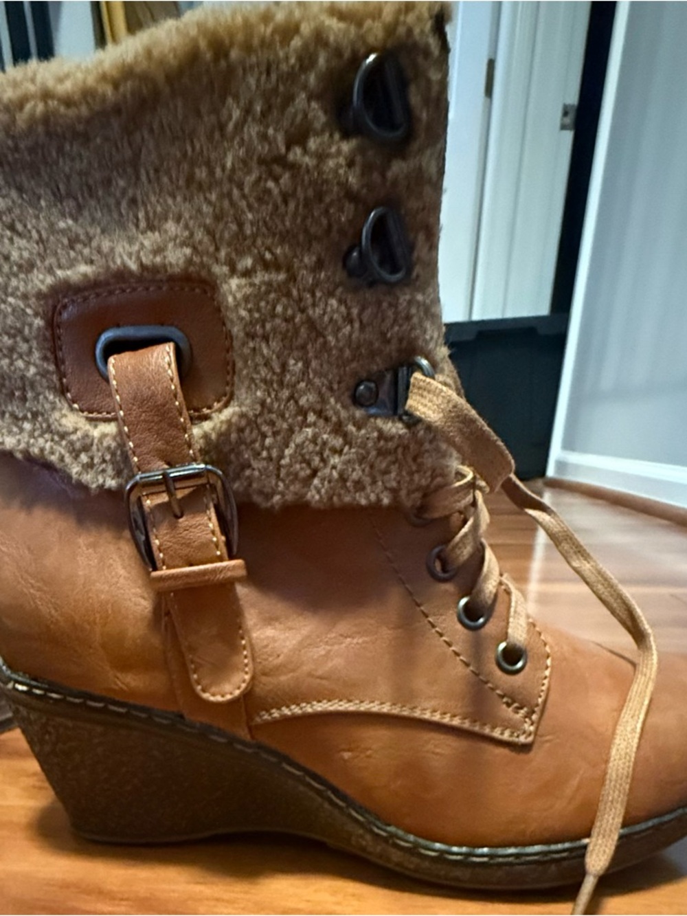 Cozy Tan Lace-Up Wedge Boots with Faux Shearling Collar